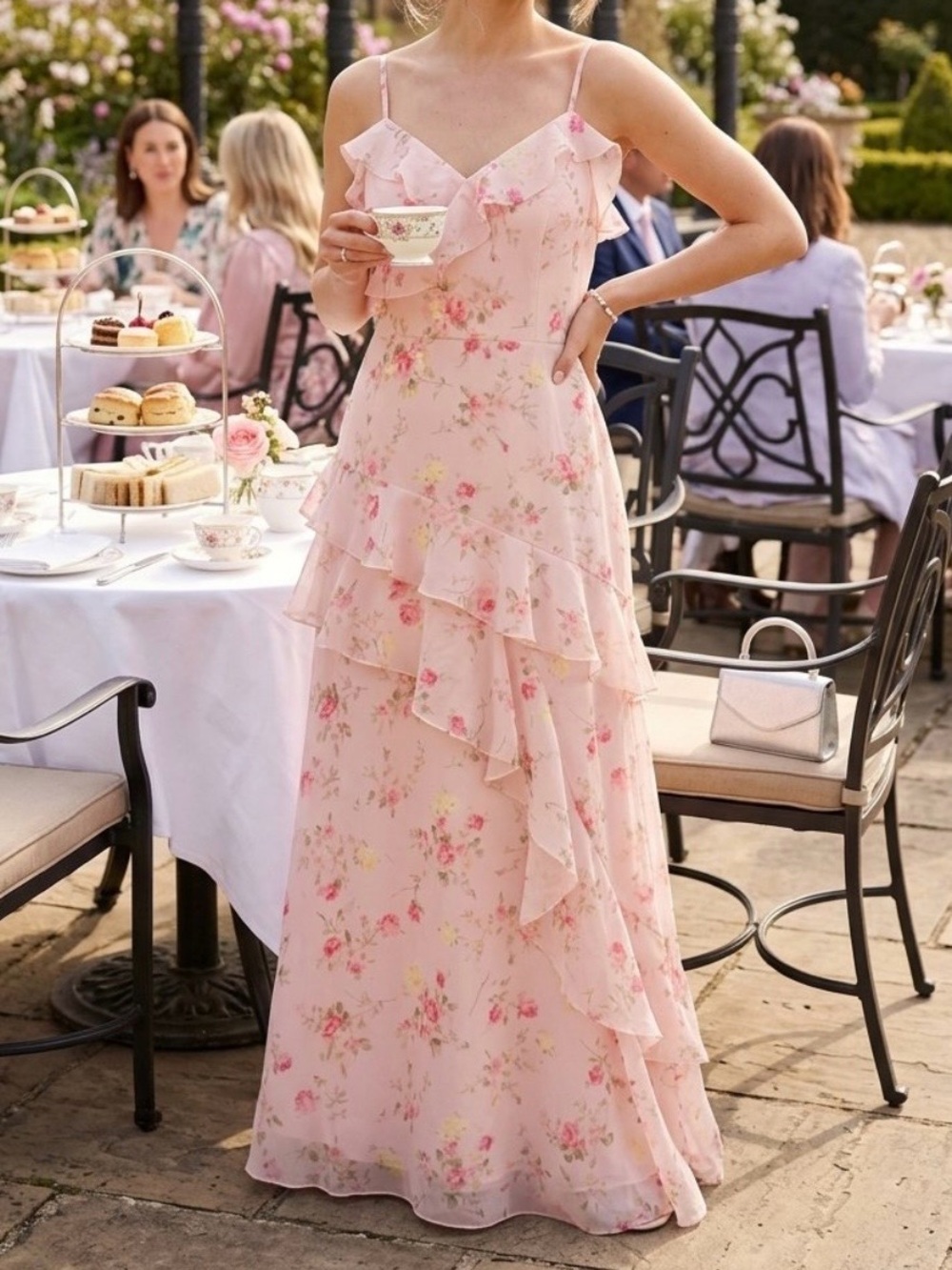 Women’s Pink Floral Ruffle Maxi Dress